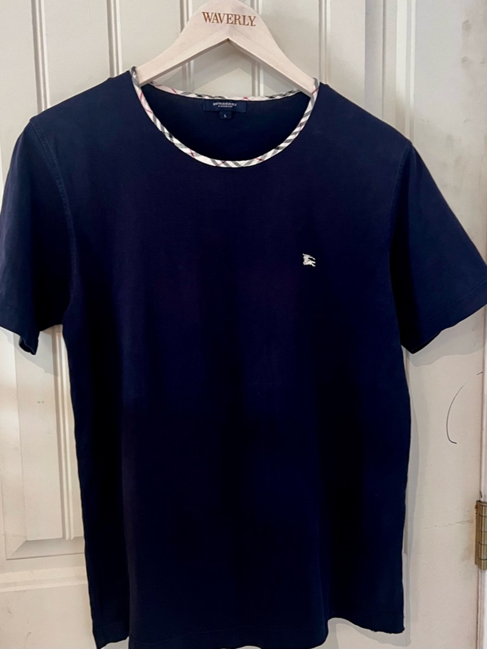 Burberry vintage Navy Short Sleeve Crewneck Tee with Check Trim